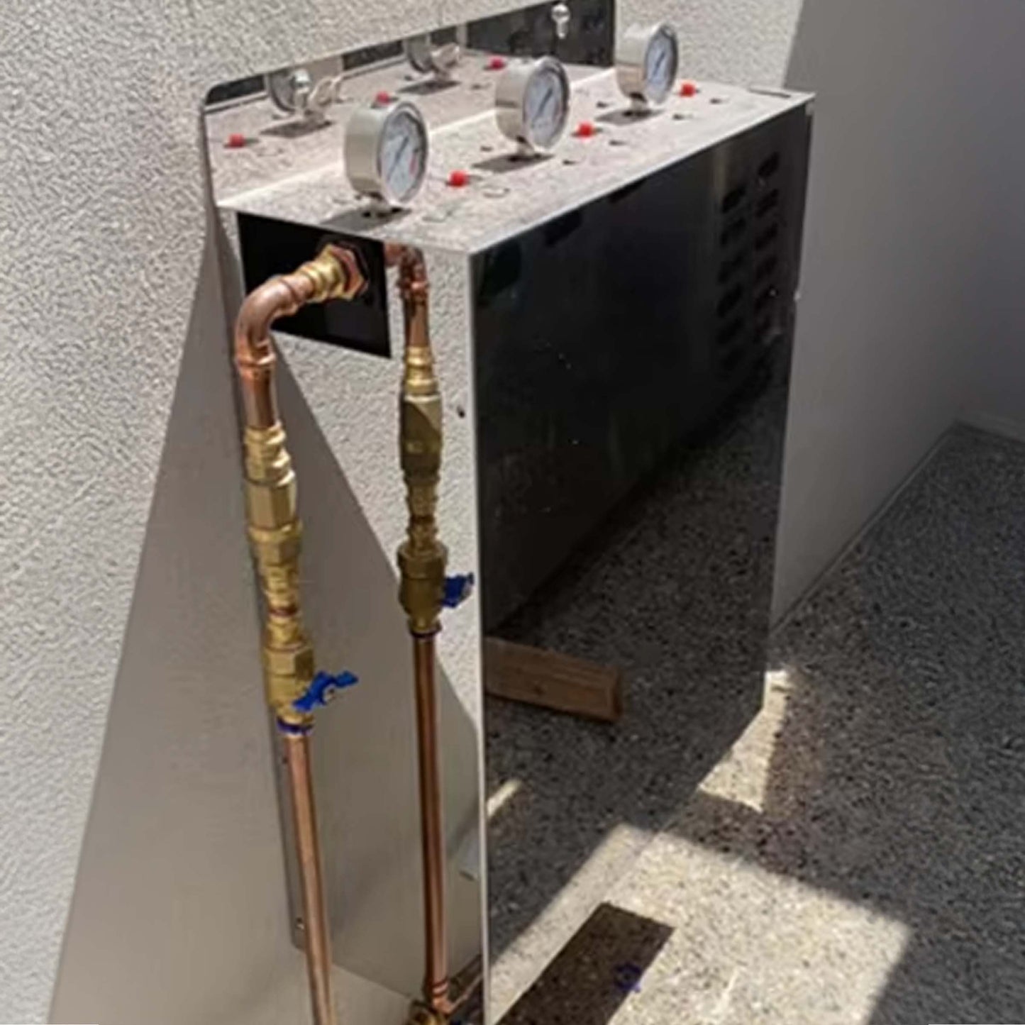 Aquarius Whole House Triple System Stainless Steel Cover 20" x 4.5" installation with gauges and copper connections.